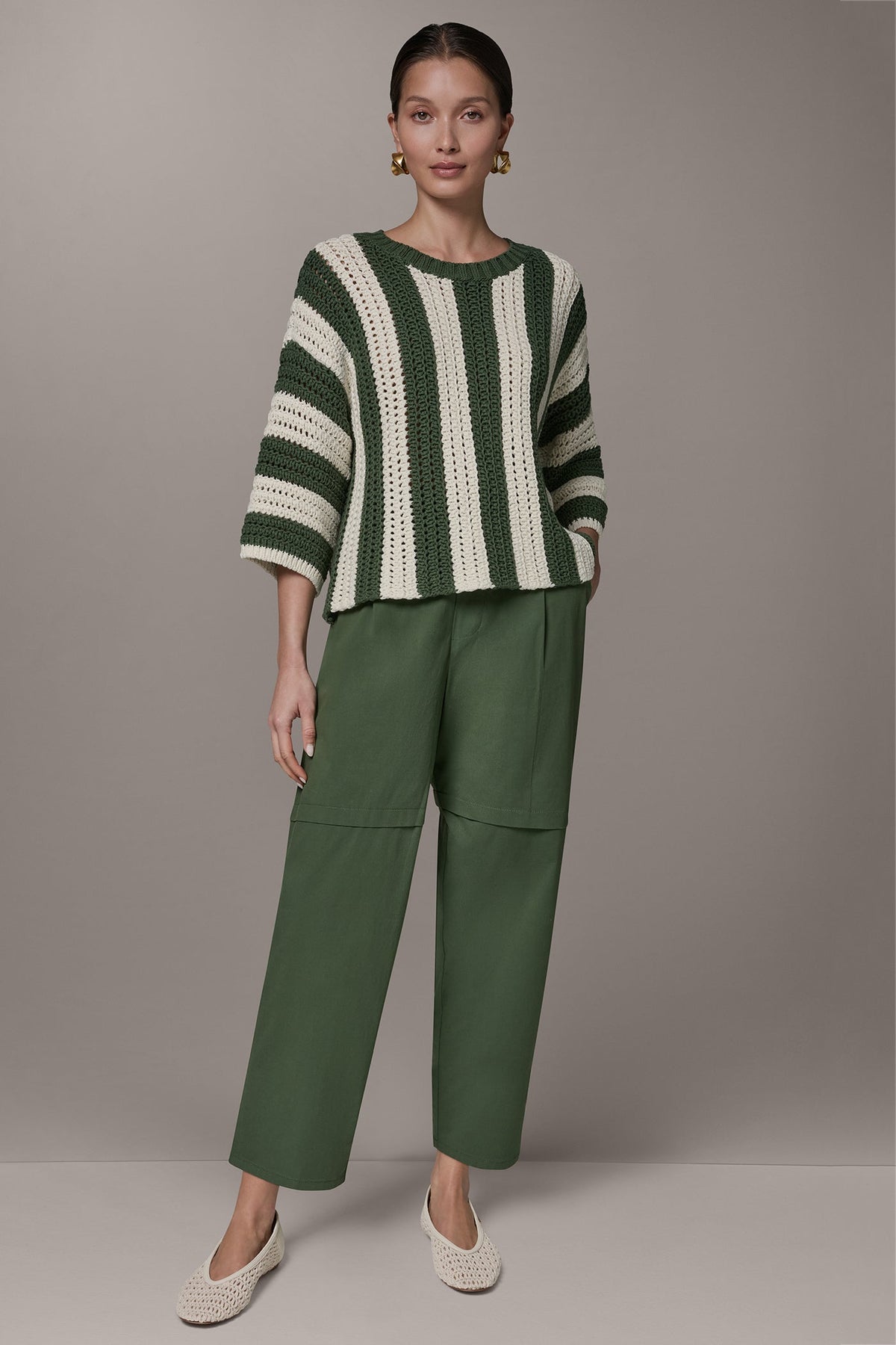 ELBOW SLEEVE POINTELLE STRIPE SWEATER - Verde/Cream