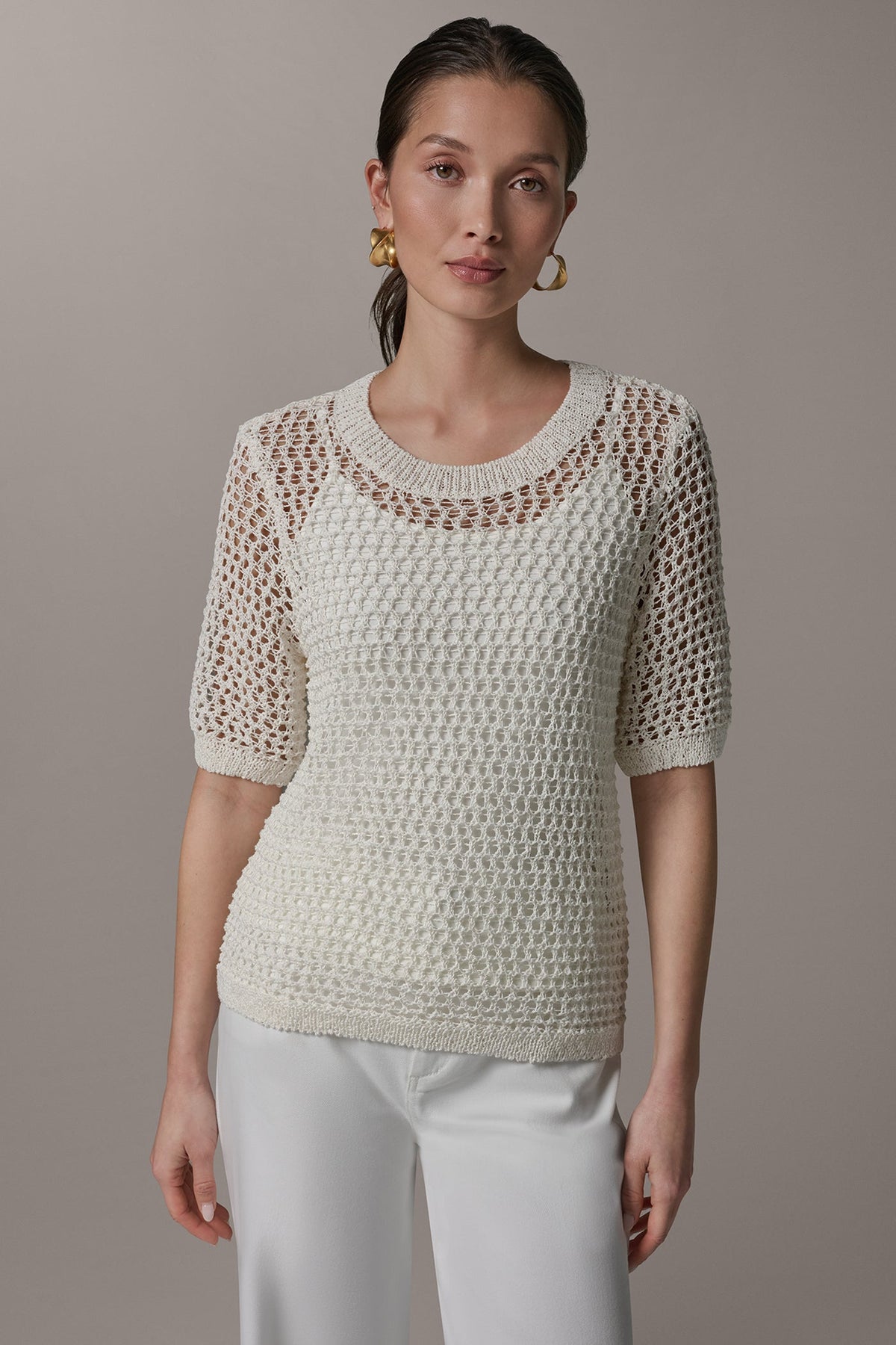 SHORT SLEEVE OPEN STITCH SWEATER - Cream