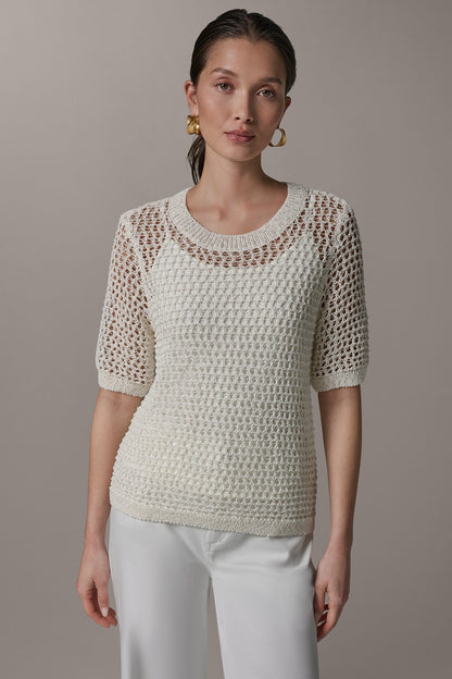 SHORT SLEEVE OPEN STITCH SWEATER - Cream
