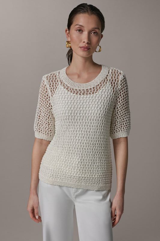 SHORT SLEEVE OPEN STITCH SWEATER - Cream