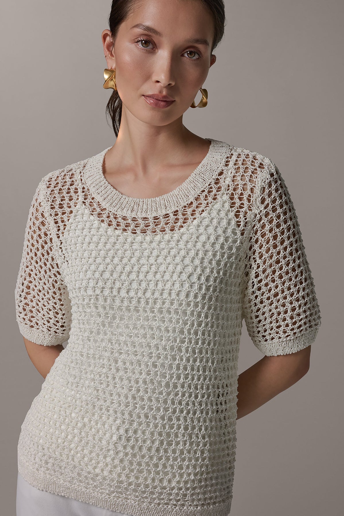 SHORT SLEEVE OPEN STITCH SWEATER - Cream
