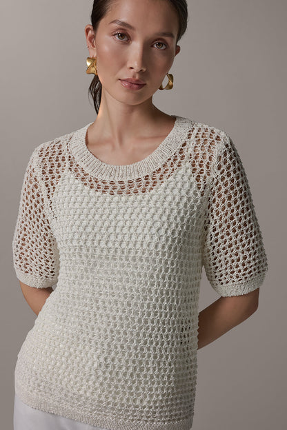 SHORT SLEEVE OPEN STITCH SWEATER - Cream
