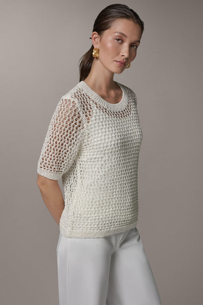 SHORT SLEEVE OPEN STITCH SWEATER - Cream