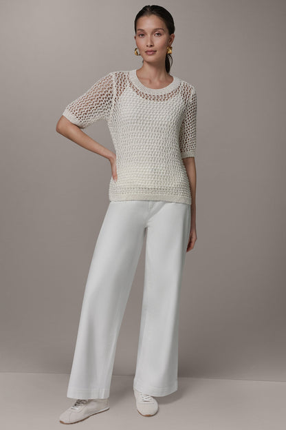 SHORT SLEEVE OPEN STITCH SWEATER - Cream