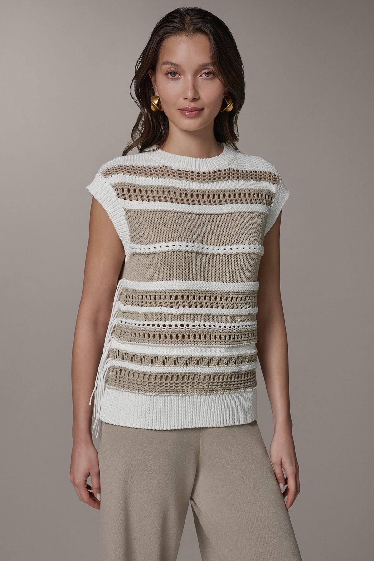 SLEEVELESS STRIPE FRINGE SEQUIN SWEATER - Cream/Sandstone