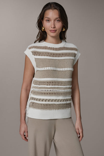 SLEEVELESS STRIPE FRINGE SEQUIN SWEATER - Cream/Sandstone