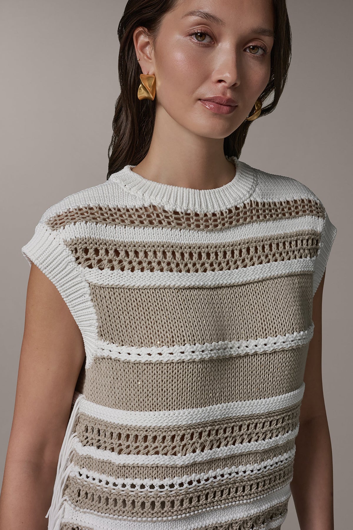 SLEEVELESS STRIPE FRINGE SEQUIN SWEATER - Cream/Sandstone