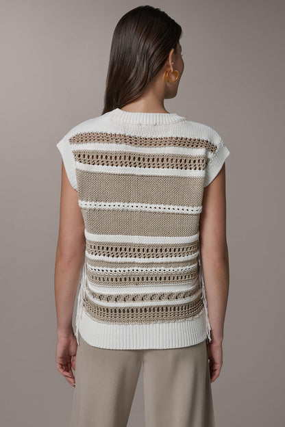 SLEEVELESS STRIPE FRINGE SEQUIN SWEATER - Cream/Sandstone