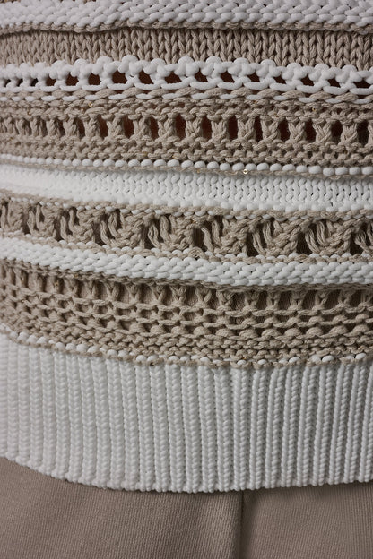 SLEEVELESS STRIPE FRINGE SEQUIN SWEATER - Cream/Sandstone