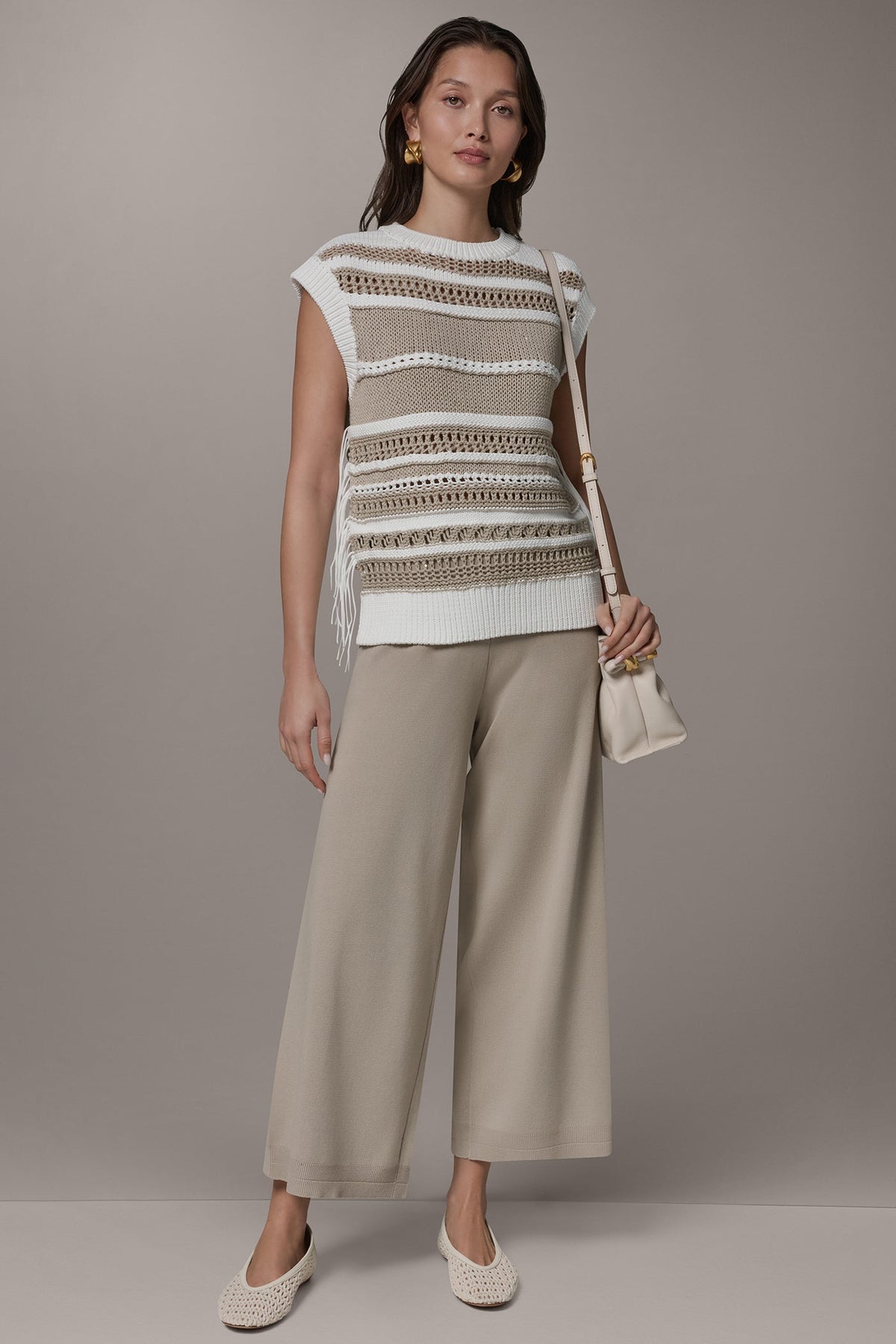 SLEEVELESS STRIPE FRINGE SEQUIN SWEATER - Cream/Sandstone