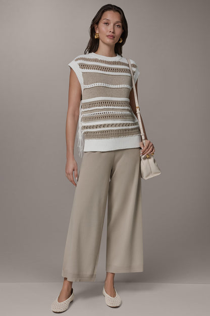 SLEEVELESS STRIPE FRINGE SEQUIN SWEATER - Cream/Sandstone
