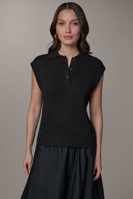 SLEEVELESS POLO SWEATER - Black