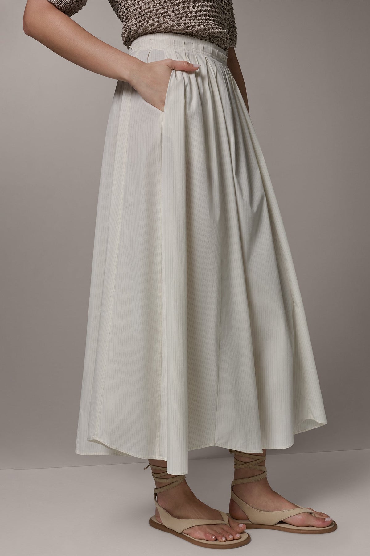 PINSTRIPE MIDI A-LINE SKIRT - Cream Pinstripe Combo