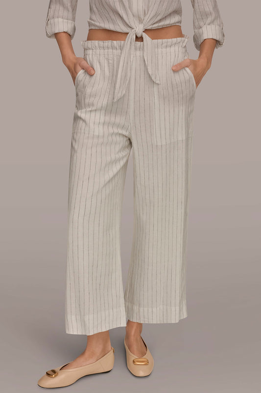 LINEN HIGH-RISE PINSTRIPED PAPERBAG PANT - Cream/Black