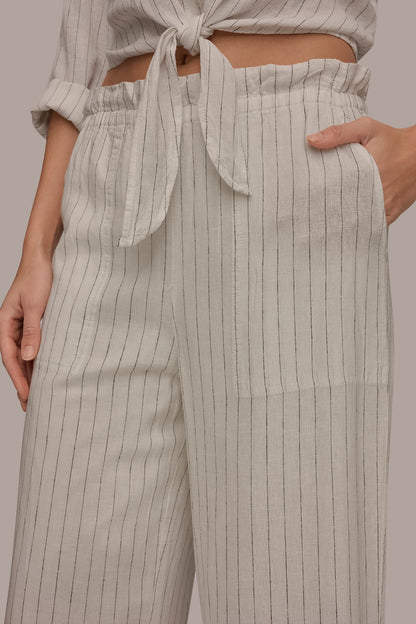 LINEN HIGH-RISE PINSTRIPED PAPERBAG PANT - Cream/Black