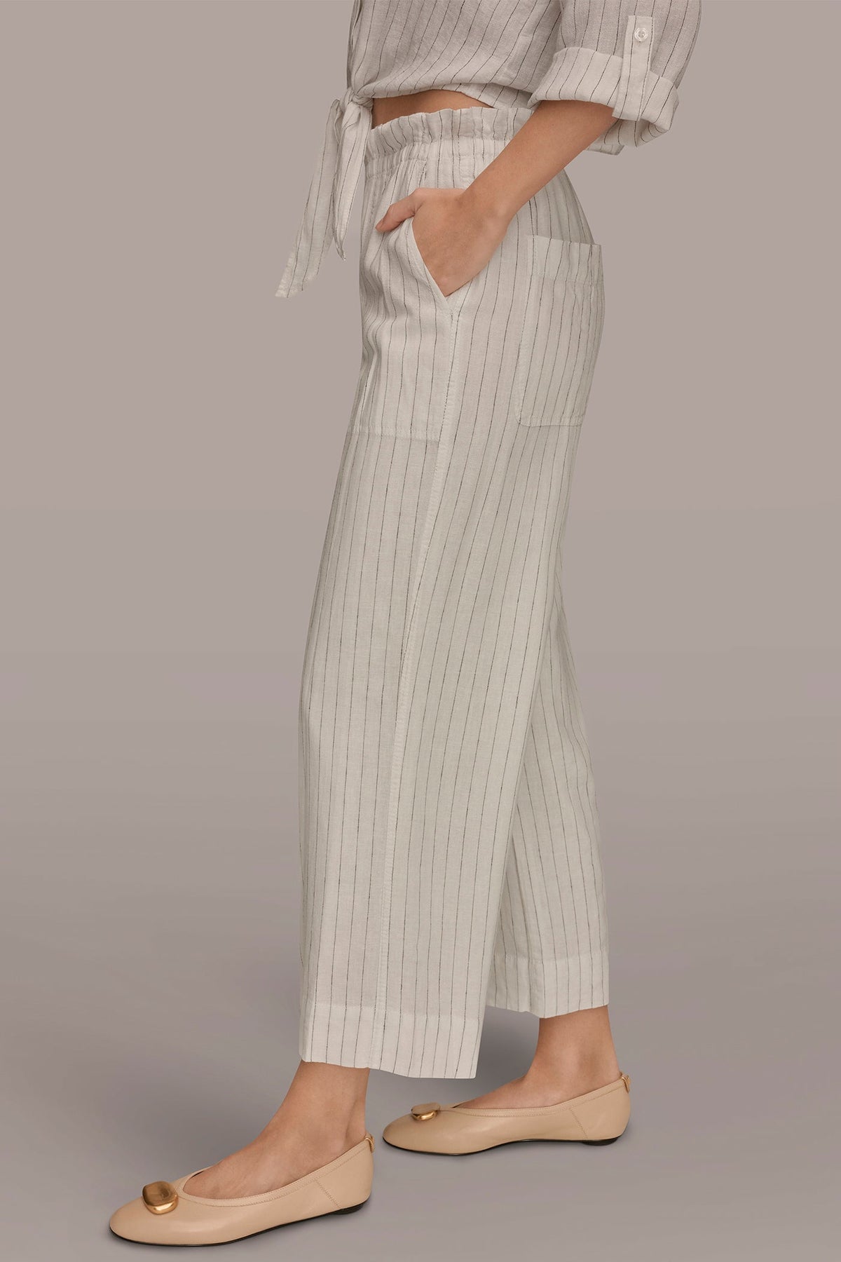 LINEN HIGH-RISE PINSTRIPED PAPERBAG PANT - Cream/Black