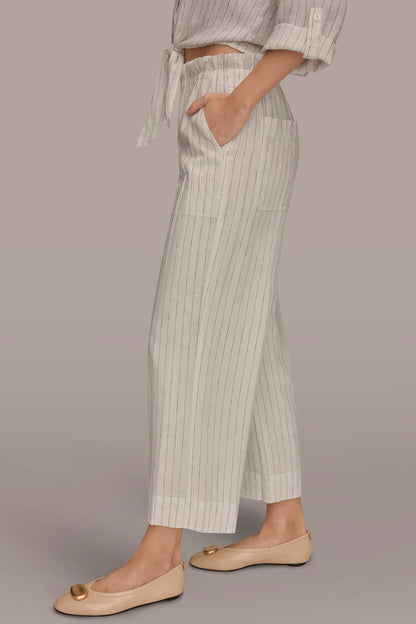 LINEN HIGH-RISE PINSTRIPED PAPERBAG PANT - Cream/Black