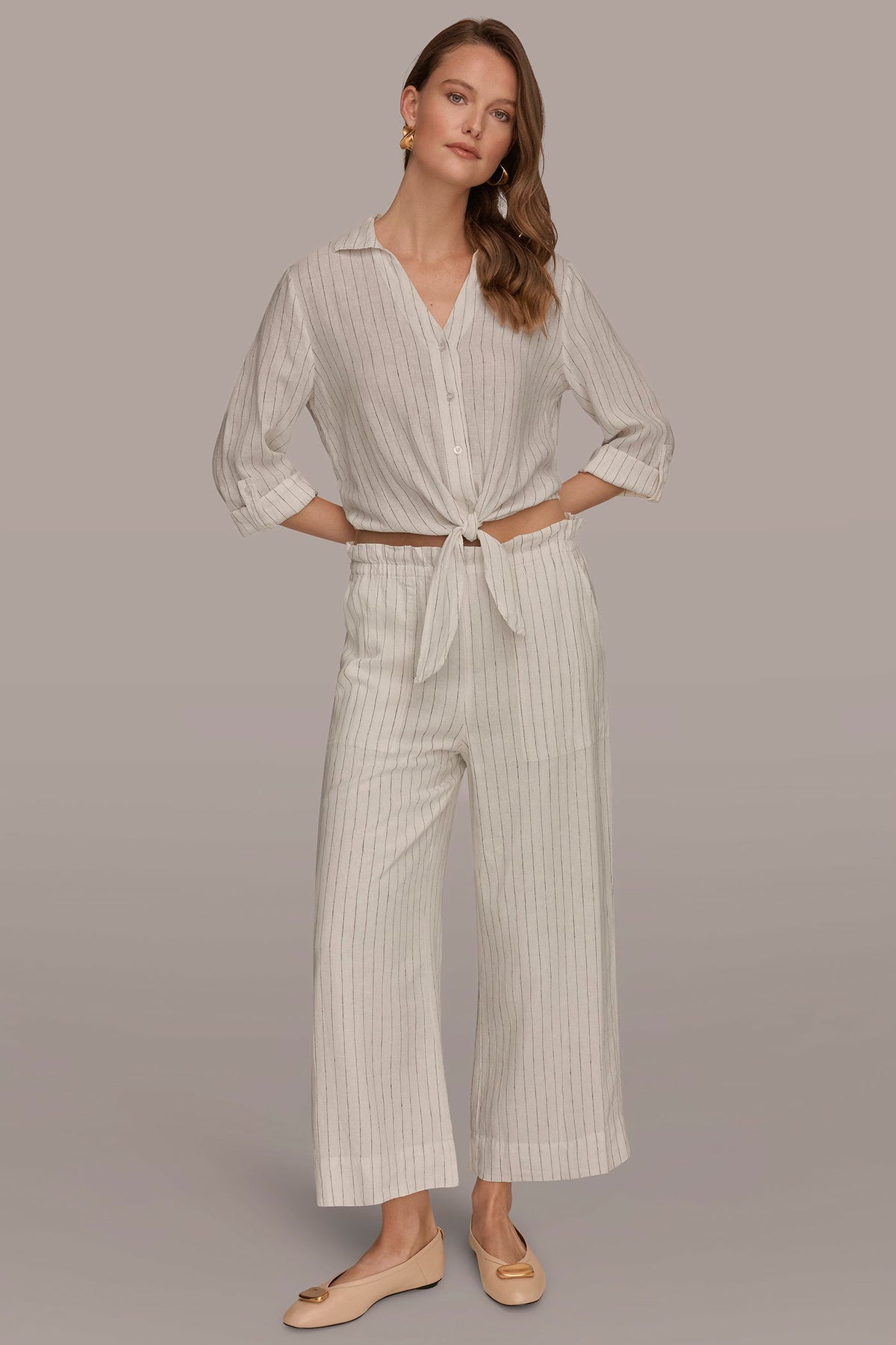 LINEN HIGH-RISE PINSTRIPED PAPERBAG PANT - Cream/Black