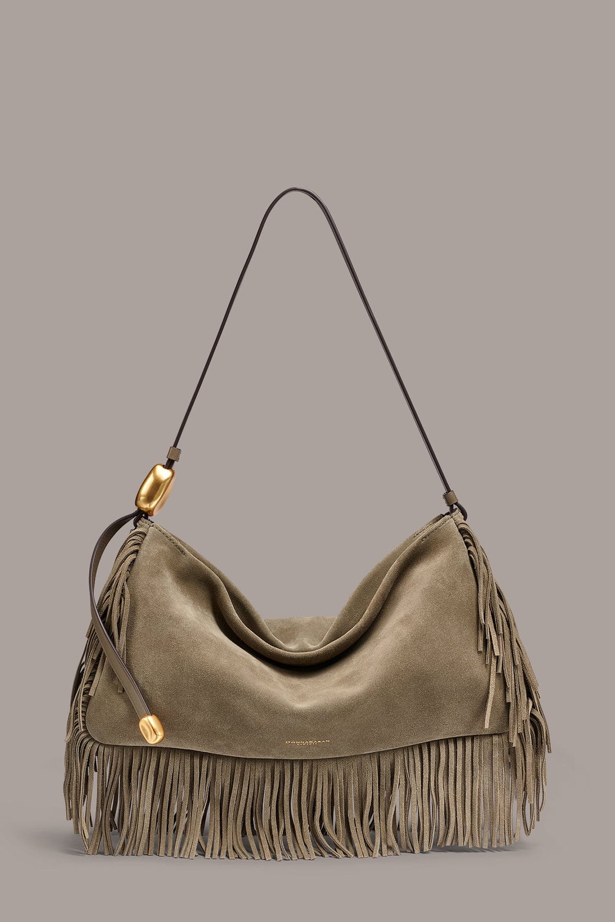 VELVET LARGE FRINGE SHOULDER BAG - Truffle