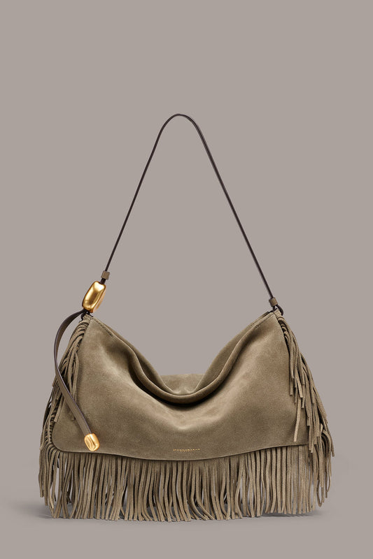 VELVET LARGE FRINGE SHOULDER BAG - Truffle