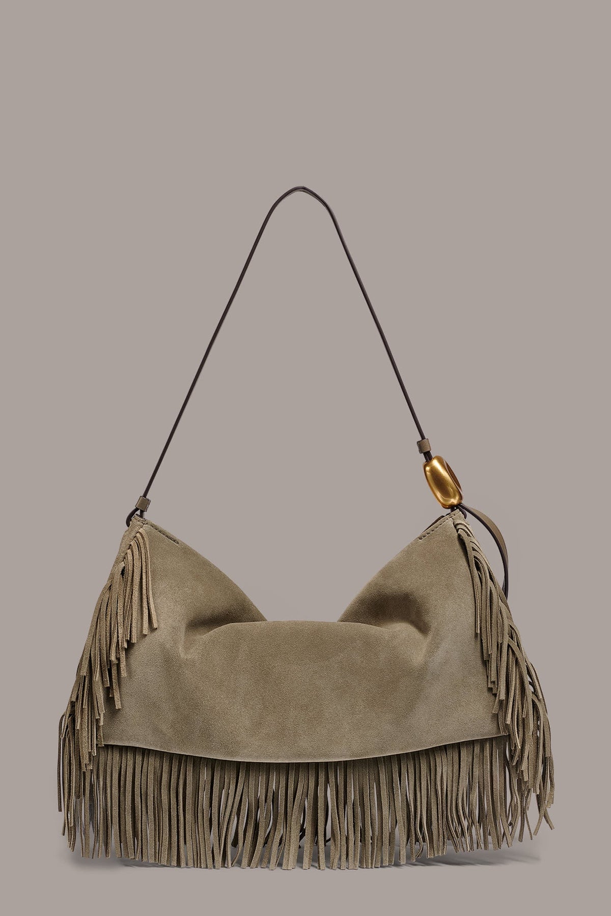 VELVET LARGE FRINGE SHOULDER BAG - Truffle