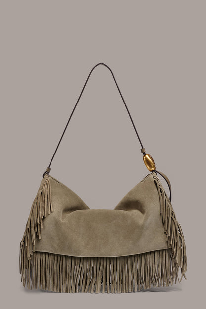 VELVET LARGE FRINGE SHOULDER BAG - Truffle