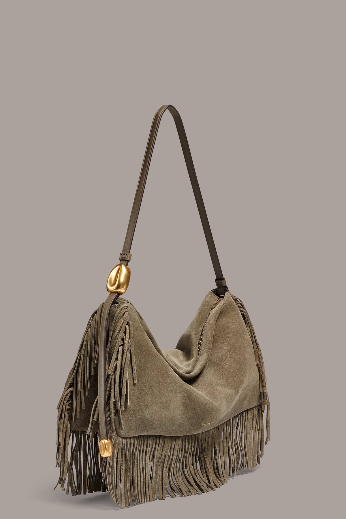 VELVET LARGE FRINGE SHOULDER BAG - Truffle