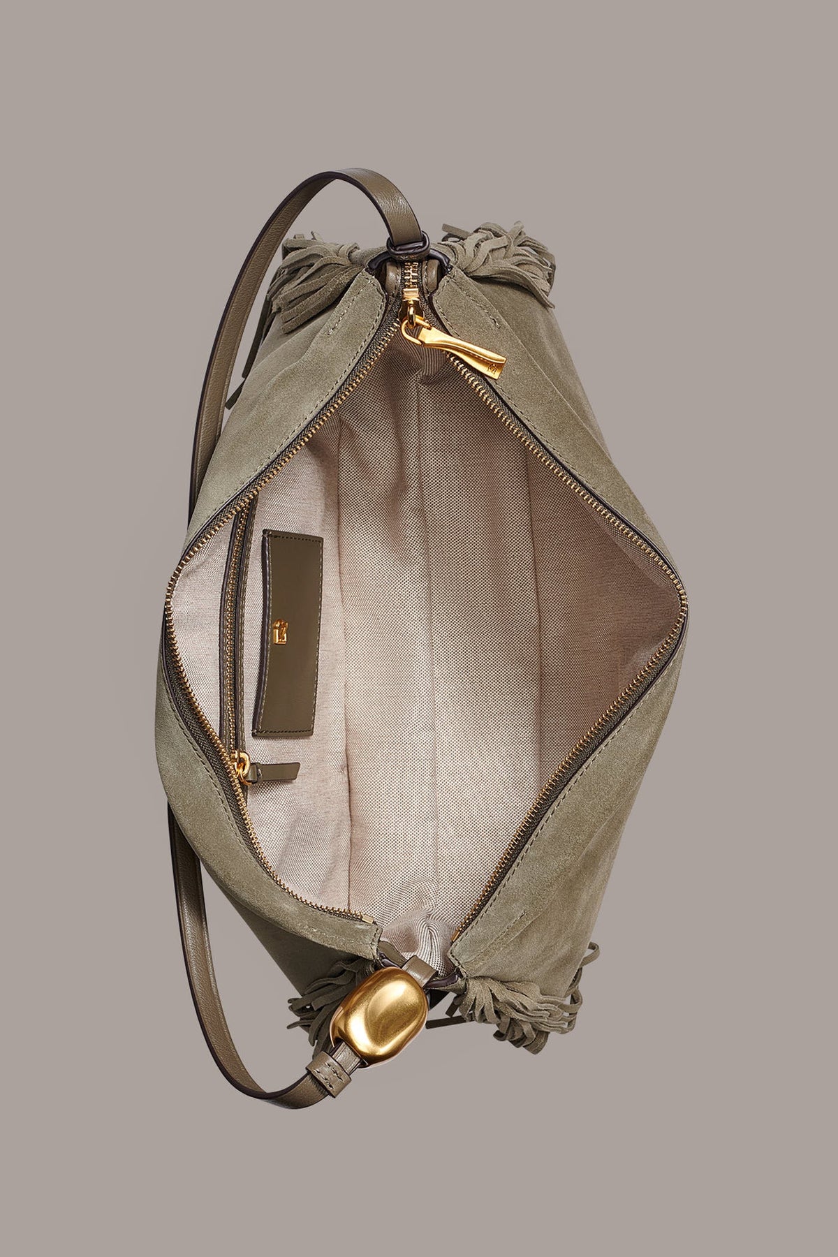 VELVET LARGE FRINGE SHOULDER BAG - Truffle