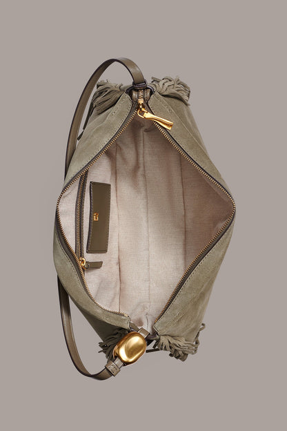 VELVET LARGE FRINGE SHOULDER BAG - Truffle