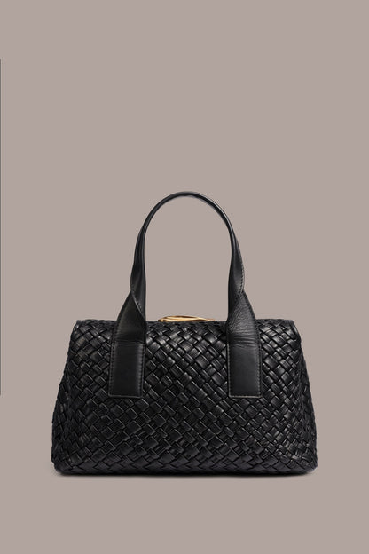 AMAGANSETT WOVEN LEATHER SATCHEL BAG - Black / Gold