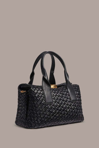 AMAGANSETT WOVEN LEATHER SATCHEL BAG - Black / Gold