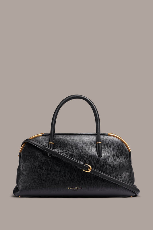 SATIN LEATHER SATCHEL - Black / Gold