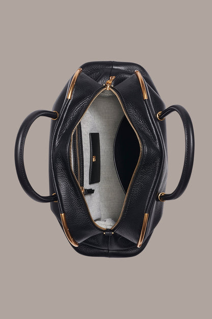 SATIN LEATHER SATCHEL - Black / Gold