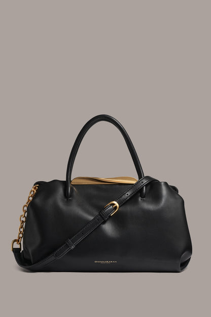 POPLIN LEATHER SATCHEL BAG - Black / Gold