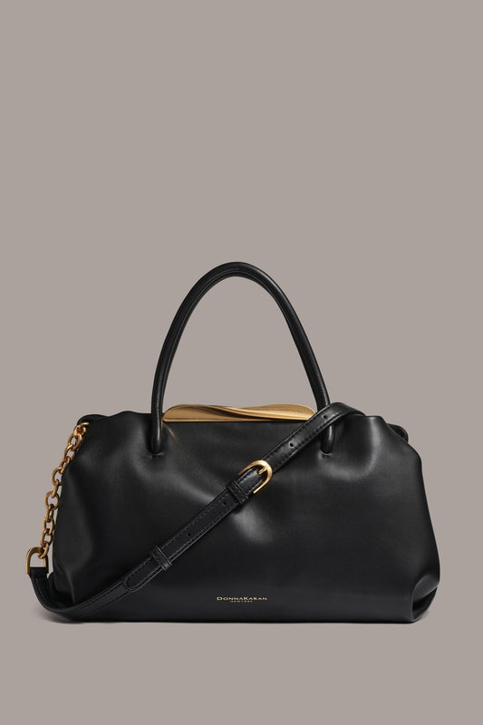POPLIN LEATHER SATCHEL BAG - Black / Gold
