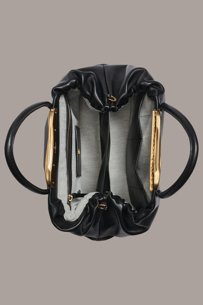 POPLIN LEATHER SATCHEL BAG - Black / Gold