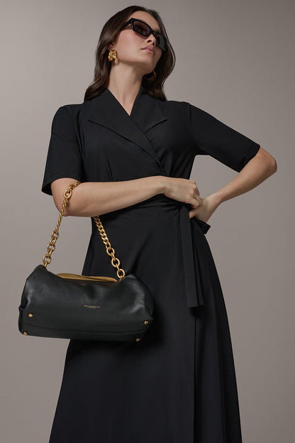 POPLIN LEATHER CLUTCH - Black