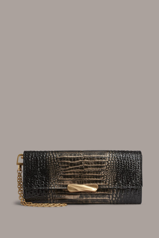 AMAGANSETT METALLIC CROC-EFFECT FLAP WALLET - BLACK/GOLD