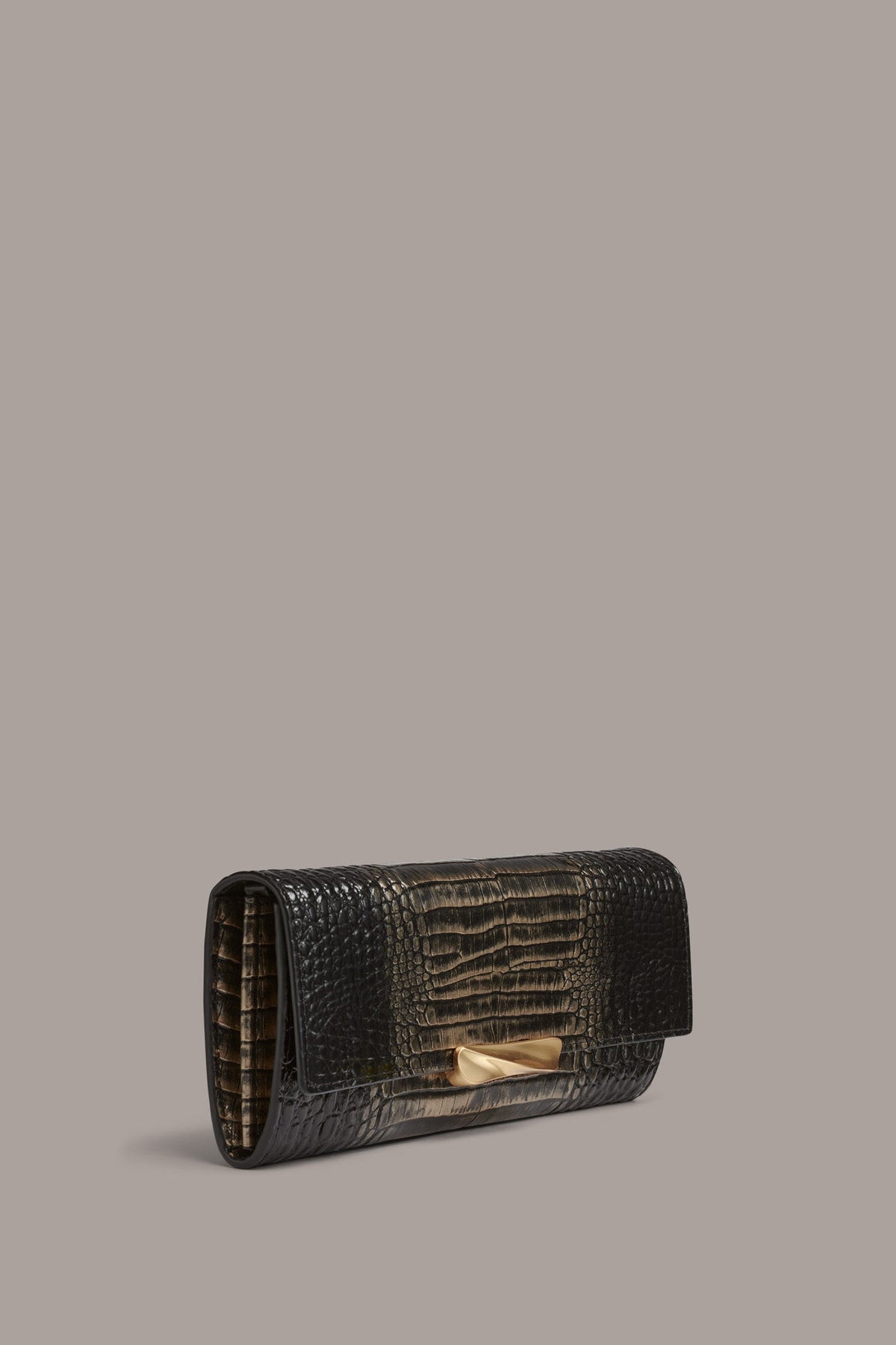 AMAGANSETT METALLIC CROC-EFFECT FLAP WALLET - BLACK/GOLD