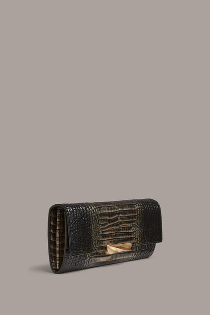 AMAGANSETT METALLIC CROC-EFFECT FLAP WALLET - BLACK/GOLD