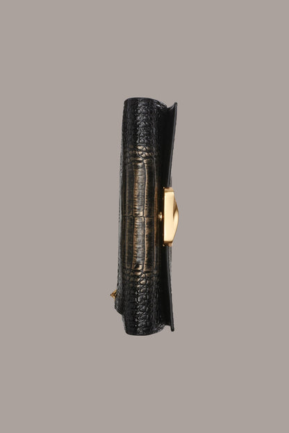 AMAGANSETT METALLIC CROC-EFFECT FLAP WALLET - BLACK/GOLD