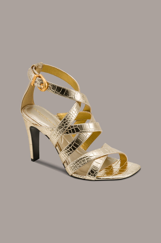 BRIARROSE METALLIC CROC-EFFECT ANKLE-STRAP SANDAL - Champagne