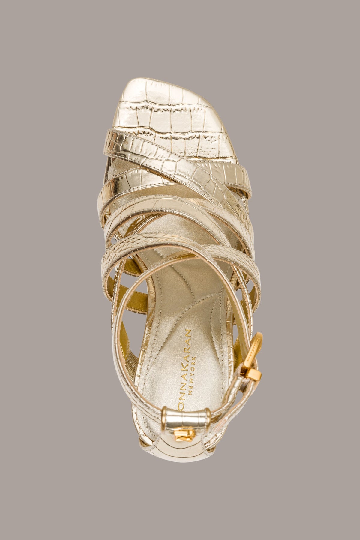 BRIARROSE METALLIC CROC-EFFECT ANKLE-STRAP SANDAL - Champagne
