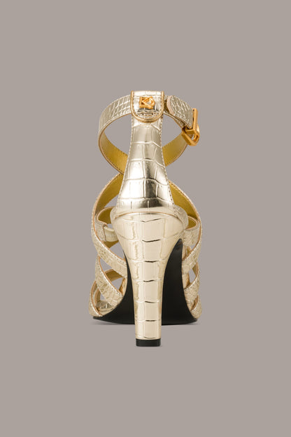 BRIARROSE METALLIC CROC-EFFECT ANKLE-STRAP SANDAL - Champagne
