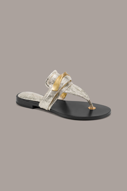 VELVET METALLIC THONG SANDAL - White Gold