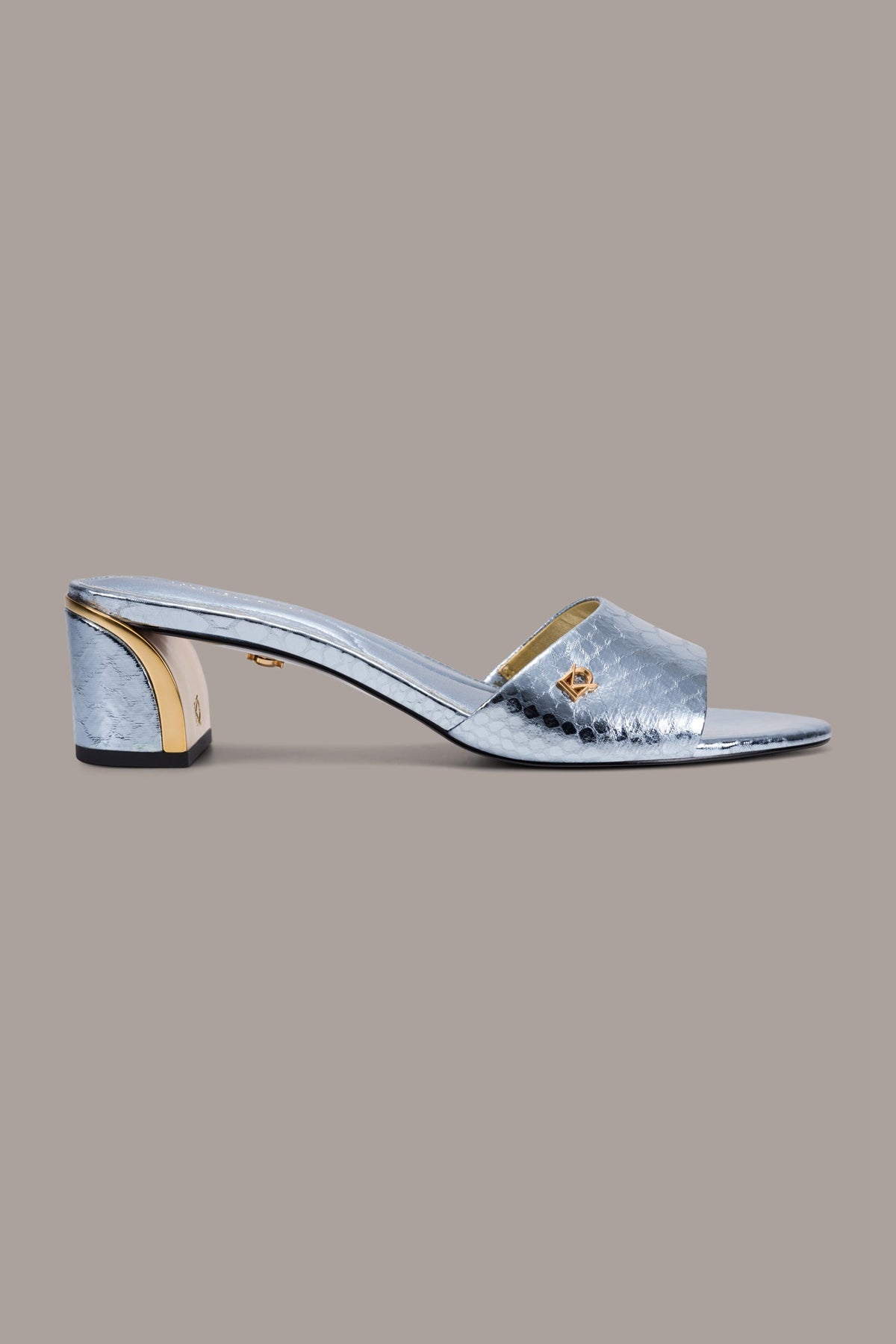 SANGRIA METALLIC SNAKE-PRINT MULE SANDAL - Celeste