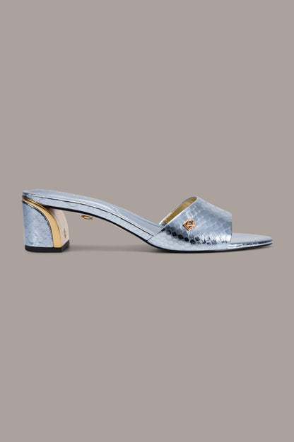 SANGRIA METALLIC SNAKE-PRINT MULE SANDAL - Celeste
