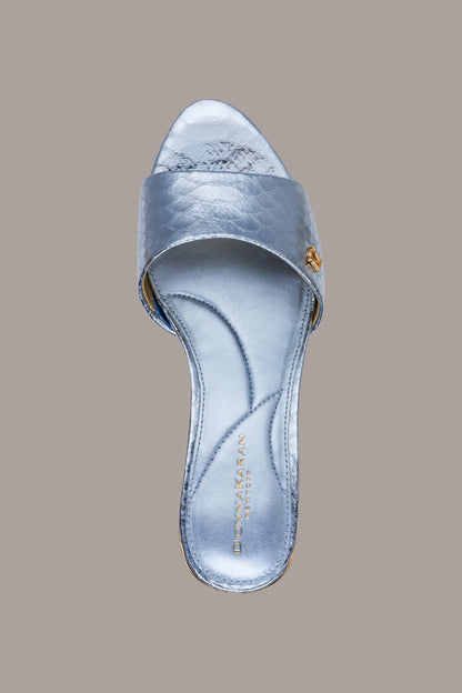 SANGRIA METALLIC SNAKE-PRINT MULE SANDAL - Celeste
