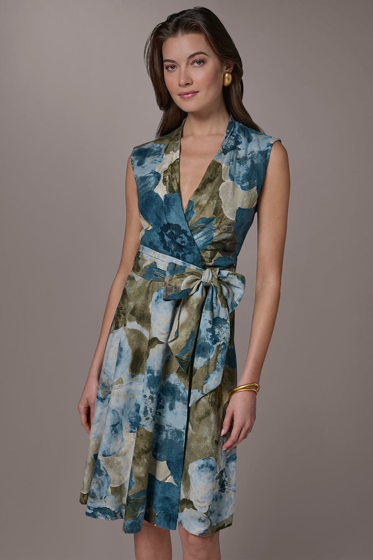 LINEN-BLEND SLEEVELESS FLORAL WRAP A-LINE DRESS - Washed Indigo Multi