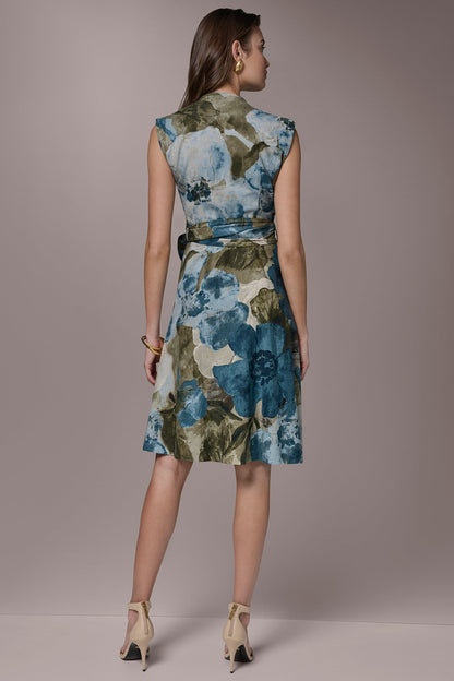 LINEN-BLEND SLEEVELESS FLORAL WRAP A-LINE DRESS - Washed Indigo Multi